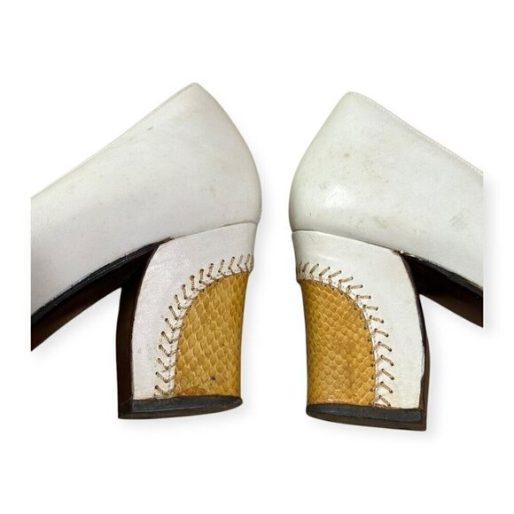Vintage Rosina Ferragamo Schiavone Heeled Loafer Pumps,  Size 5.5, White Yellow - Picture 9 of 10